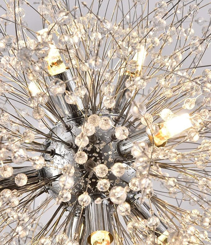 Firework Crystal Chandeliers, 9-Light Stainless Steel Dandelion Chandelier Chrome, 19.6" Modern Sputnik Pendant Lighting for Bedroom Dining Room