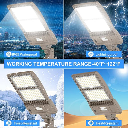 400W LED Parking Lot Light UL ETL Listed 60000LM 5000K Adjustable Arm Mount LED Street Light with Dusk to Dawn Photocell 100-277V IP65 Rating Outdoor Commercial Area Flood Security Lighting