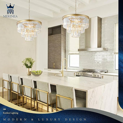 Gold Crystal Chandeliers Modern Round 20" Chandelier 7 Lights Ceiling Pendant Light Fixture Luxury 3-Tier K9 Crystal Lighting for Living Room Dining Room Bedroom Kitchen Foyer