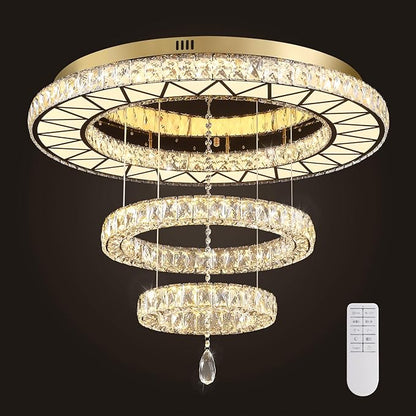 Siljoy 32" Gold Crystal Chandeliers, 3 Rings LED Flush Mount Ceiling Light, Dimmable Foyer Chandeliers for Living Room Dining Room Staircase, D12-18-32"