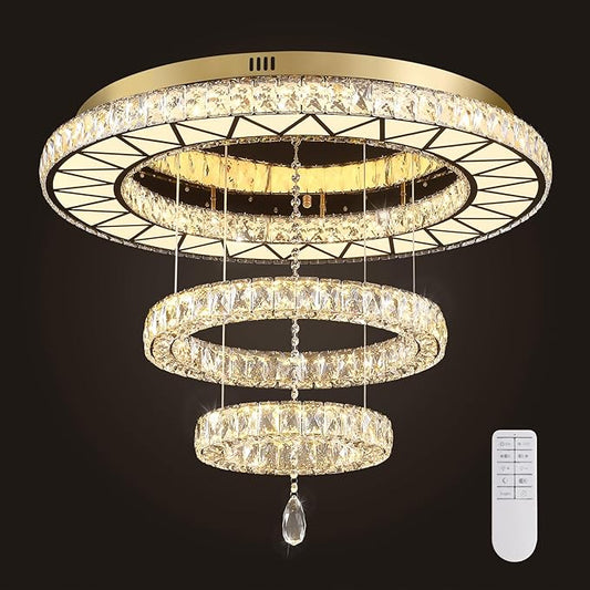 Siljoy 32" Gold Crystal Chandeliers, 3 Rings LED Flush Mount Ceiling Light, Dimmable Foyer Chandeliers for Living Room Dining Room Staircase, D12-18-32"