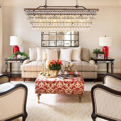 Wellmet Dining Room Crystal Chandelier, 48 Inch Antique Bronze Rectangle Chandeliers, 9 Lights Luxury Large Farmhouse Hanging Ceiling Light Fixtures for Kitchen Island, Living Room, Entryway