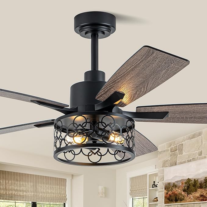 52" Farmhouse Ceiling Fans with Lights and Remote,Chandelier Ceiling Fan with Reversible DC Motor and 5 Double Finish Wood Blades,Rustic Caged Ceiling Fan for Living Room,Dining Room,Bedroom
