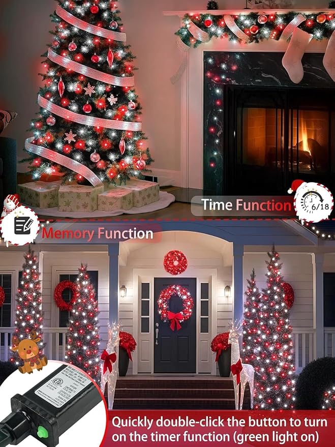 2 Pack 66FT 200 LED Red and White Christmas String Lights Indoor Outdoor, 13 Modes Extendable Christmas Tree Lights with Timer & Memory, Waterproof Twinkle Xmas Lights for Tree Holiday Party Garden