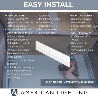 American Lighting LED Courant Plus Undercabinet Light 32 Inch 5CCT 90+ CRI 1600 Lumens with USB-A USB-C and 20A Receptacles White Finish Title 24 Compliant