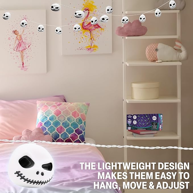Disney The Nightmare Before Christmas LED String Lights for Kids, Teens, Adults, 10 Jack Skellington 65” Fairy Lights, Gifts for Kids (White Nightmare Before Christmas)