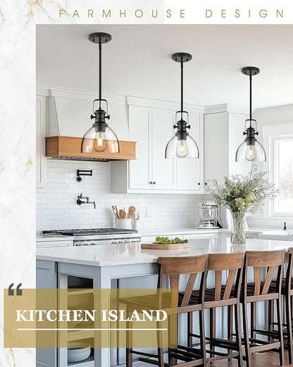 Black Pendant Lights Kitchen Island, 7.5" Farmhouse Pendant Lighting with Clear Seeded Glass Shade, Vintage Hanging Light Fixtures for Dining Room, AD-22151-1P-BK-G