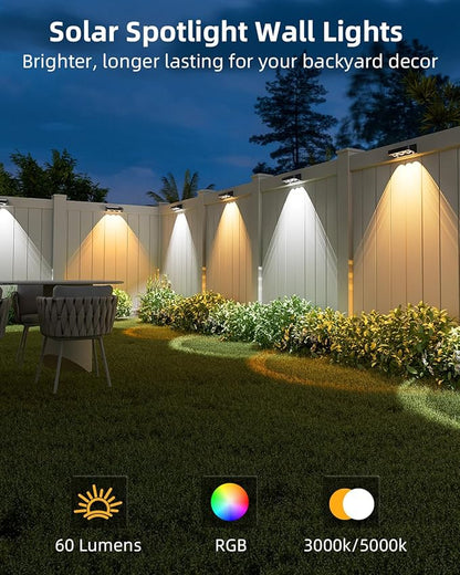 JOFIOS Solar Fence Lights 2 Pack, Warm White, Cool White and RGB Color Glow LED Solar Light, IP65 Waterproof Fence Lights Solar Powered for Patio, Deck and Wall