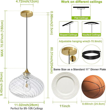 Glass Pendant Lights Kitchen Island, 11'' Brass Gold Pendant Lighting Fixtures, Modern Hanging Ceiling Light with Striped Clear Glass Shade for Farmhouse Dining Room Bedroom Hallway(1 Pack)