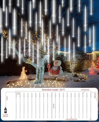 UL Certified Meteor Shower Lights Outdoor, 20 Tubes 1080 LED Falling Rain Drop Icicle Lights, 20 Inch Cascading Snowfall String Lights for Christmas Tree, Holiday Wedding Party Garden Decor, White