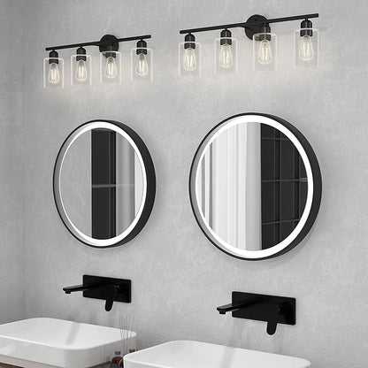 4 Light Bathroom Vanity Light Fixtures Black,Rustic Farmhouse Vanity Lighting Over Mirror Modern Industrial Lamp with Cylinder Glass Shade UL Certified