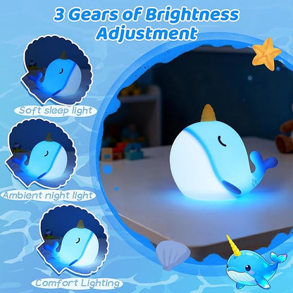 OkiyiD Blue Narwhal Night Light, Cute Squishy Silicone Lamp, Dimmable Touch Control Narwhal Gifts for Boys Girls, Ocean Animal Nursery Lamp for Birthday Christmas Decor