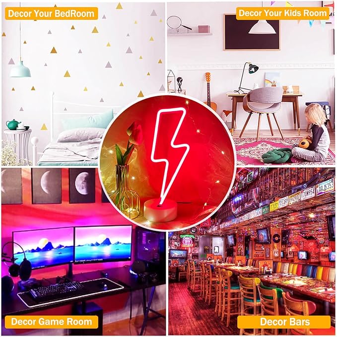 Lightning Bolt Neon Signs Red Lightning Neon Sign Light for Bedroom, USB/Battery Operated Thunder Lamp Neon Sign, Stand Lightning Shape LED Sign Decor for Shelf Desk Table Game Room Man Cave