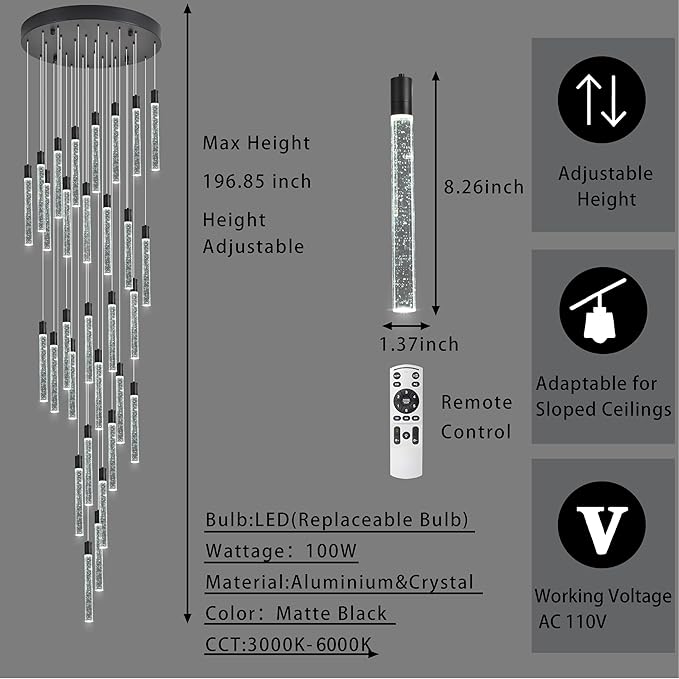 30-Lights Bubble Chandelier for Entryway High Ceiling-196 Height Adjustable Crystal Chandelier,3 Color Temperature Dimmable LED Pendant Light Fixture for Foyer Living Room Staircase,Matte Black