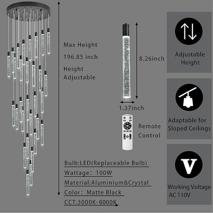 30-Lights Bubble Chandelier for Entryway High Ceiling-196 Height Adjustable Crystal Chandelier,3 Color Temperature Dimmable LED Pendant Light Fixture for Foyer Living Room Staircase,Matte Black