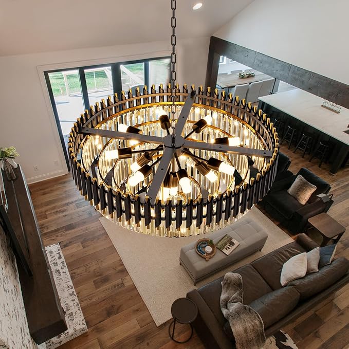 32 inch Black Gold Crystal Chandelier 6-Tier Modern Luxury Pendant Light Fixture for High Ceiling 13-Light Large K9 Crystal Lighting for Foyer Living Room Dining Room