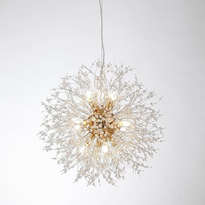 Firework Crystal Chandeliers, 12 Lights Modern Sputnik Chandelier, Gold Dandelion Pendant Light Fixture for Kitchen Island Dining Room Bedroom