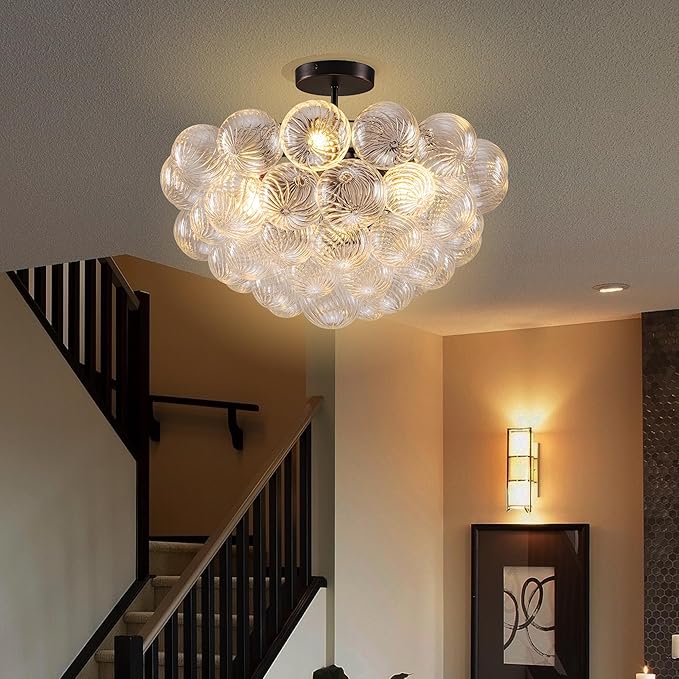 Hand Blown Glass Bubble Ball Chandelier Black Finish 24" Semi-Flush Mount Ceiling Light Fixtures Art Deco Cluster Ribbed Glass Globe Lighting for Dining Room Living Entry Farmhouse