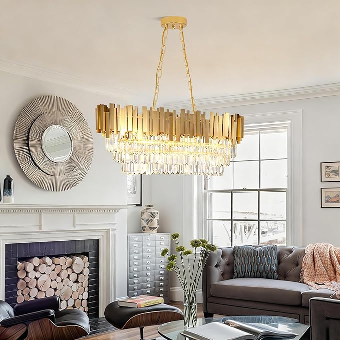 Modern Rectangular Chandelier Luxury Gold Crystal Chandelier,E12 Base Oval Contemporary Ceiling Hanging Light, Linear Ceiling Pendant Light for Living Room Dining Room Entryway L32in