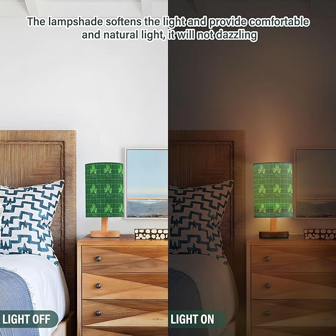 Irish Shamrock Clover on Green Plaid St Patricks Day Table Lamp with Wood Base Fabric Lamp Shade Bedside Nightstand Desk Lamp for Living Room Bedroom Kids Room Office