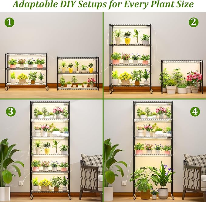 Plant Shelf with Grow Light, DIY 6-Tier Plant Stand with Grow Light, Adjustable Rack and Wheels, 8 Pack 24" 192W T8 Full Spectrum Grow Lamp for Indoor Plants, Seed Starting, Vegetable, 29"x13.5"x73.5"