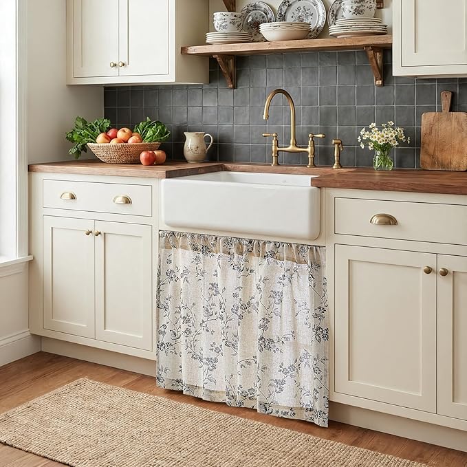jinchan Floral Kitchen Curtains 30 Inch Linen Tier Curtains Farmhouse Cafe Half Window Drapes Over Sink Light Filtering Black on Beige for Living Room Laundry RV Rod Pocket 2 Panels