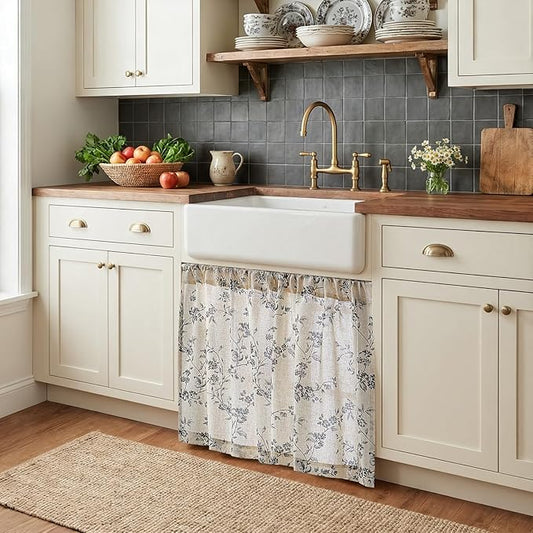 jinchan Floral Kitchen Curtains 30 Inch Linen Tier Curtains Farmhouse Cafe Half Window Drapes Over Sink Light Filtering Black on Beige for Living Room Laundry RV Rod Pocket 2 Panels