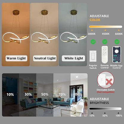 20" Gold Modern led Chandelier for Living Room,Irregular Ring Modern Pendant Lights Kitchen Island,Dimmable Remote Control H79 Adjustable led Pendant Light for Bedroom Dining Room Entryway