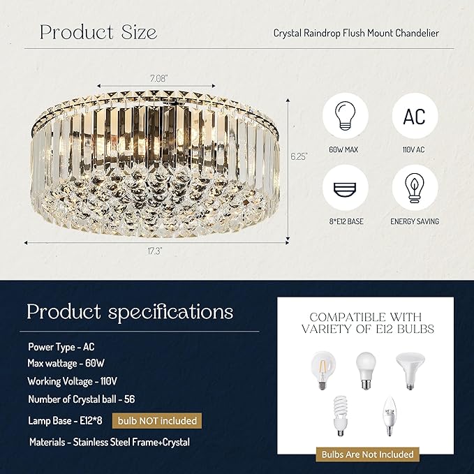17.3" Black K9 Crystal Raindrop Flush Mount Ceiling Light, Modern Chandelier, Round Luxury Light Fixture for Dining Room, Bedroom, Hallway, Kitchen Island & Living Room
