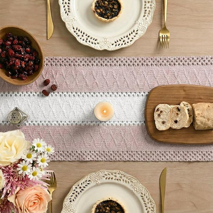 Artoid Mode Pink Farmhouse Rustic Table Runner, Seasonal Hollow Kitchen Dining Table Decoration for Home Party Decor 12x90 Inch