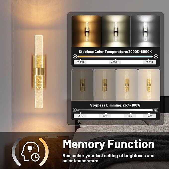 KARTOOSH Gold Rechargeable Wireless Wall Sconce Set of Two, Battery Operated Wall Lights with Remote Control,350°Rotate,3000K/4000K/6000K,Dimmable,Timer,for Living Room,Dining Room,Hallway,15.3 Inch