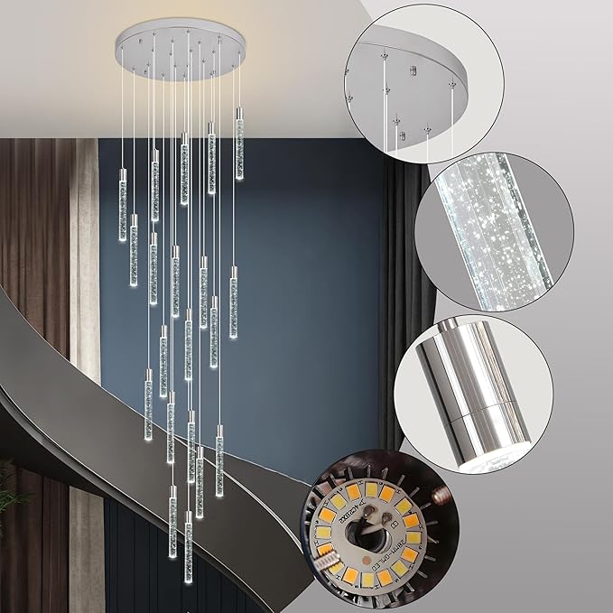 20-Lights Bubble Chandelier for Entryway High Ceiling-157 Height Adjustable Crystal Chandelier,3 Color Temperature Dimmable LED Pendant Light Fixture for Foyer Living Room Staircase,Chrome