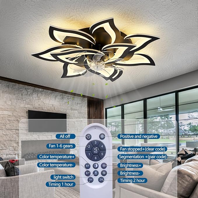32" Modern Geometric Ceiling Fan with Lights Remote Control, Black 6 Speeds 3 Colors Low Profile Ceiling Fan with Light for Living Room