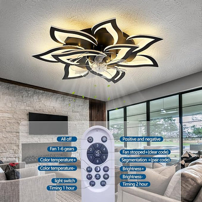 32" Modern Geometric Ceiling Fan with Lights Remote Control, Black 6 Speeds 3 Colors Low Profile Ceiling Fan with Light for Living Room