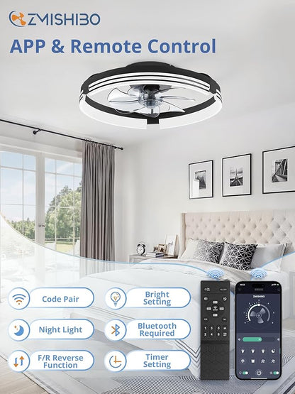 ZMISHIBO Low Profile Ceiling Fans with Lights and Remote, 20 Inch Flush Mount Ceiling Fan with Light, 3000K-6000K Dimmable Fandelier LED Fan Light, 6 Wind Speeds Black Ceiling Fans for Bedroom