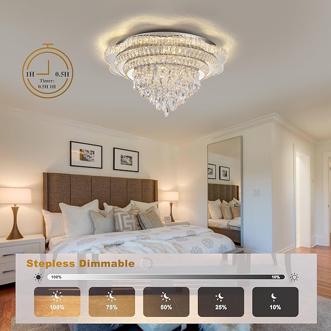 Silver 30" Modern Flush Mount Chandelier for Living Room, LED Crystal Ceiling Light for Bedroom,Elegant Dining Room Lighting Fixture with Remote Control, 3CCT Dimmable