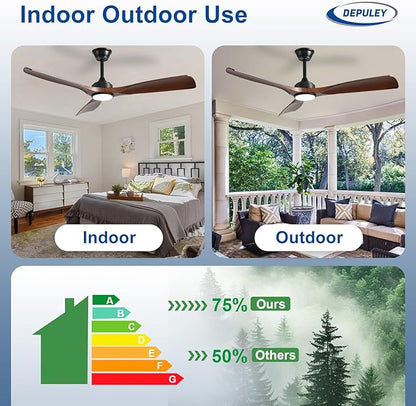 Depuley 52-Inch Ceiling Fan with Light: Walnut 3 Blade Outdoor Fans for Patios - Dimmable Indoor Fan with Remote APP Control Ultra Quiet DC Motor Reversible 6 Speed Timer