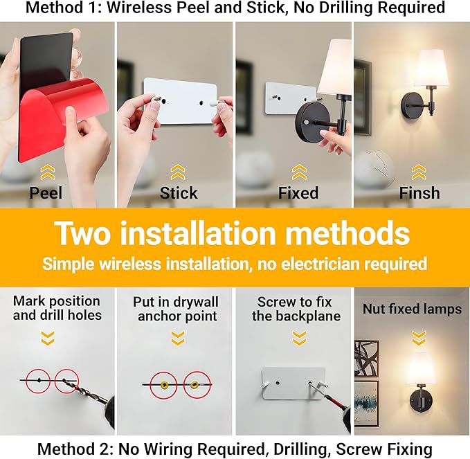 Vimhou Peel and Stick Wall Sconces, Stick On Wall Sconce Set of 2, Battery Operated Wireless Wall Light, No Drill Adhesive Wall Lamp, Corn Bulb with 10000mAh Rechargeable Battery, Bedroom Wall Decor