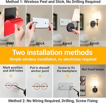 Vimhou Peel and Stick Wall Sconces, Stick On Wall Sconce Set of 2, Battery Operated Wireless Wall Light, No Drill Adhesive Wall Lamp, Corn Bulb with 10000mAh Rechargeable Battery, Bedroom Wall Decor