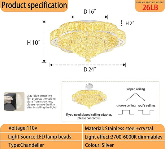 Modern Empire Crystal Chandelier Silver 24inches Crystal Raindrop Ceiling Light for Living Room Bedroom LED Infinity Dimmable 3000-6000K
