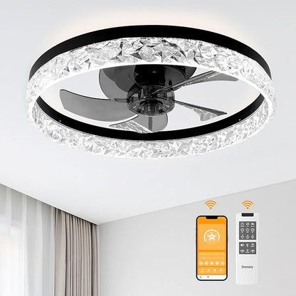 DAMINY 20inch White Ceiling Fans with Lights and Remote, 6CCT, Dimmable Smart Low Profile Ceiling Fan with Light, 6 Speeds Flush Mount Modern Bladeless Ceiling Fan for Bedroom