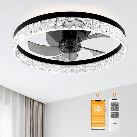 DAMINY 20inch White Ceiling Fans with Lights and Remote, 6CCT, Dimmable Smart Low Profile Ceiling Fan with Light, 6 Speeds Flush Mount Modern Bladeless Ceiling Fan for Bedroom