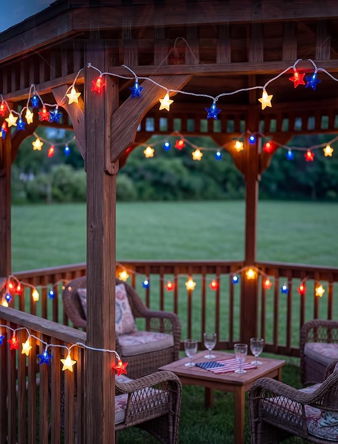 8.5Ft Patriotic Red White Blue Star String Lights, 10 LED Plug in Connectable Fairy Lights for 4th of July Independence Day, Outdoor Waterproof Star Lights for Patio Garden Bedroom Holiday Party Decor