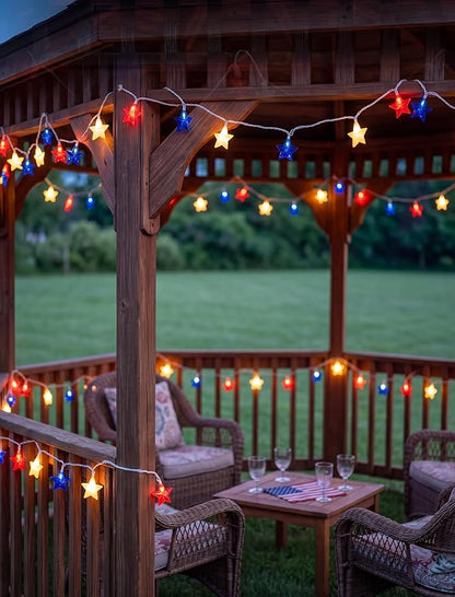 8.5Ft Patriotic Red White Blue Star String Lights, 10 LED Plug in Connectable Fairy Lights for 4th of July Independence Day, Outdoor Waterproof Star Lights for Patio Garden Bedroom Holiday Party Decor