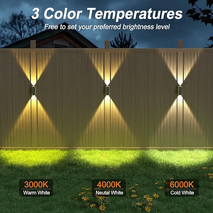 Ellasay 8 Pack Fence Lights Solar Powered: Up and Down Focus LED Solar Wall Lights Outdoor - IP67 Waterproof Solar Lights for Outside Backyard/Porch/Railing - 3 Color Modes