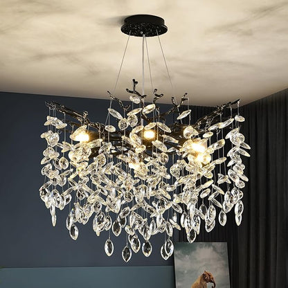 Modern Crystal Tree Branch Chandelier, Black Round Art Deco Pendant Light Raindrop Lighting Fixture for Dining Room Bedroom Foyer 6 Lights D18''