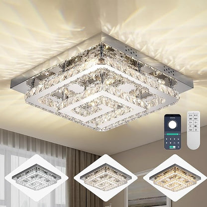 25" Crystal Chandelier with Remote/App Control, 3 Color Temperature Light Fixture & Brightness Adjustable, Modern Flush Mount LED Ceiling Light Fixture for Living Room Kitchen Hallway Dining Room