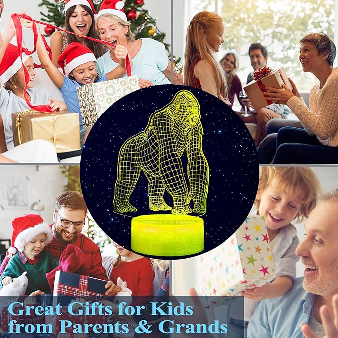 Gorilla Night Light, Gorilla Gifts, Ape 3D Illusion Night Light, 16 Colors Changing, Remote Control with Timer, Kids Room Decoration Monkey Gifts for Boy