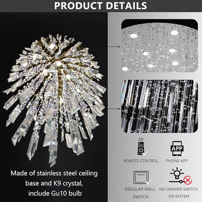 D32'' x H100'' Modern Crystal Chandelier High Ceiling Chandeliers for Entryway Glam Chandelier Large Raindrop Chandeliers LED Dimmable Light Fixtures for Staircaes Foyer Hallway Living Room Silver