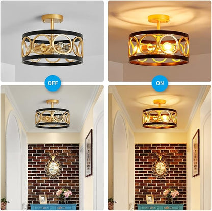 XINGQI 13" Modern Semi Flush Mount Ceiling Light Fixture, Black and Gold Drum Chandelier with Metal Shade Farmhouse Round Ceiling Lamp for Living Dining Room Bedroom